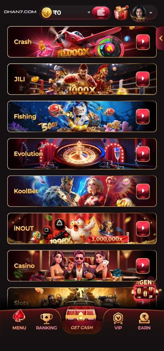 Dhan 7 real money game lobby screenshot